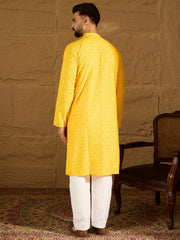 Ethnic Bay Men Yellow Viscose Rayon Solid Embroidered Straight Kurta with Trouser-MKSET1552