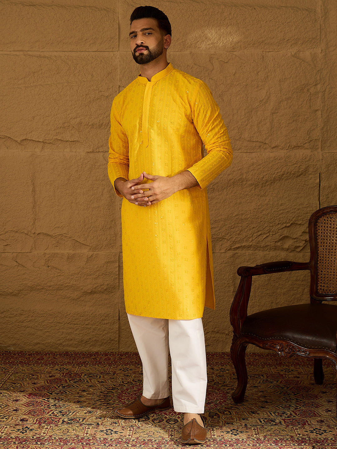 Ethnic Bay Men Yellow Viscose Rayon Solid Embroidered Straight Kurta with Trouser-MKSET1552
