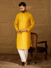 Ethnic Bay Men Yellow Viscose Rayon Solid Embroidered Straight Kurta with Trouser-MKSET1552
