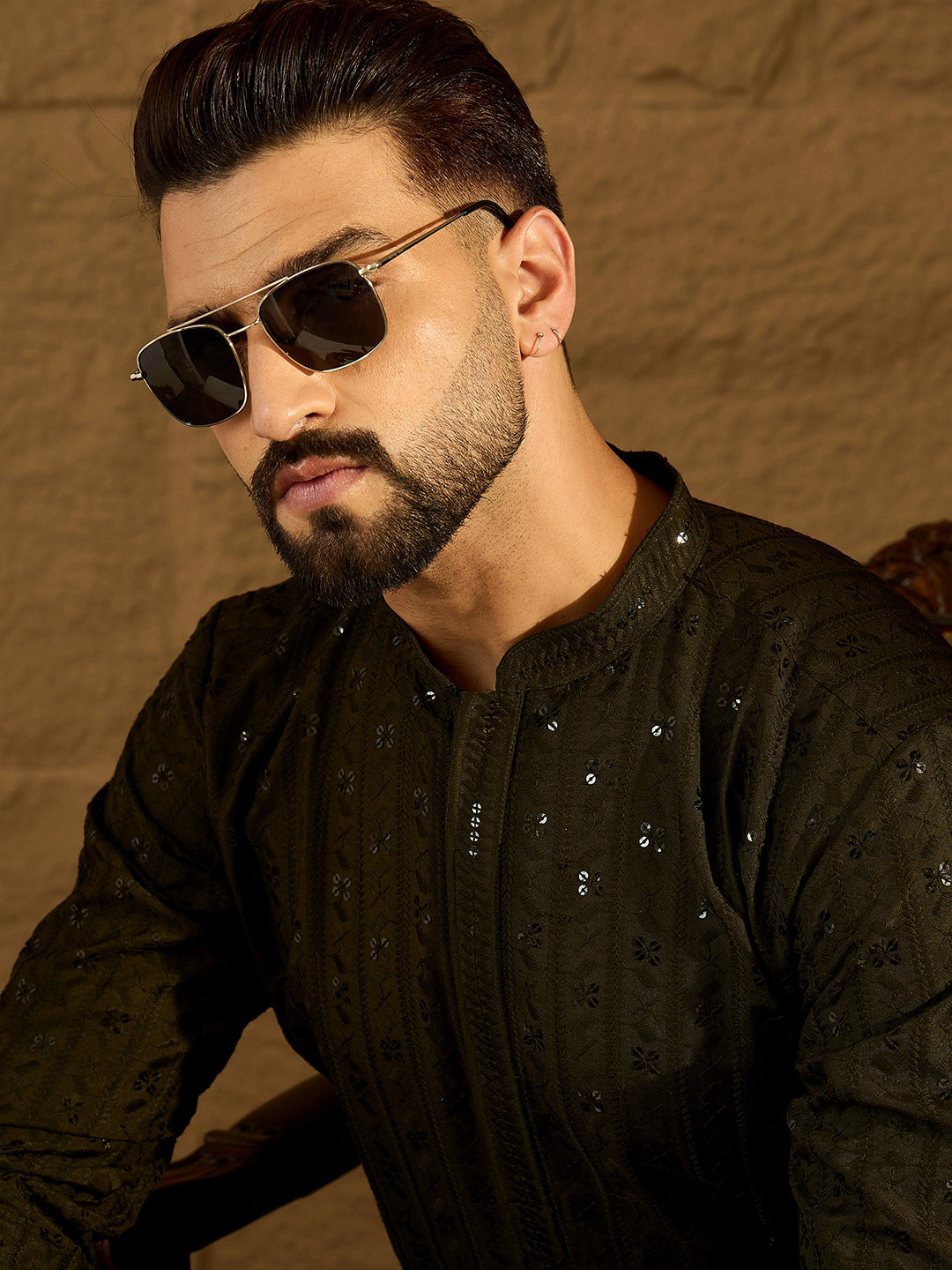 Ethnic Bay Men Olive Viscose Rayon Solid Embroidered Straight Kurta with Trouser-MKSET1553