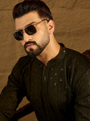 Ethnic Bay Men Olive Viscose Rayon Solid Embroidered Straight Kurta with Trouser-MKSET1553