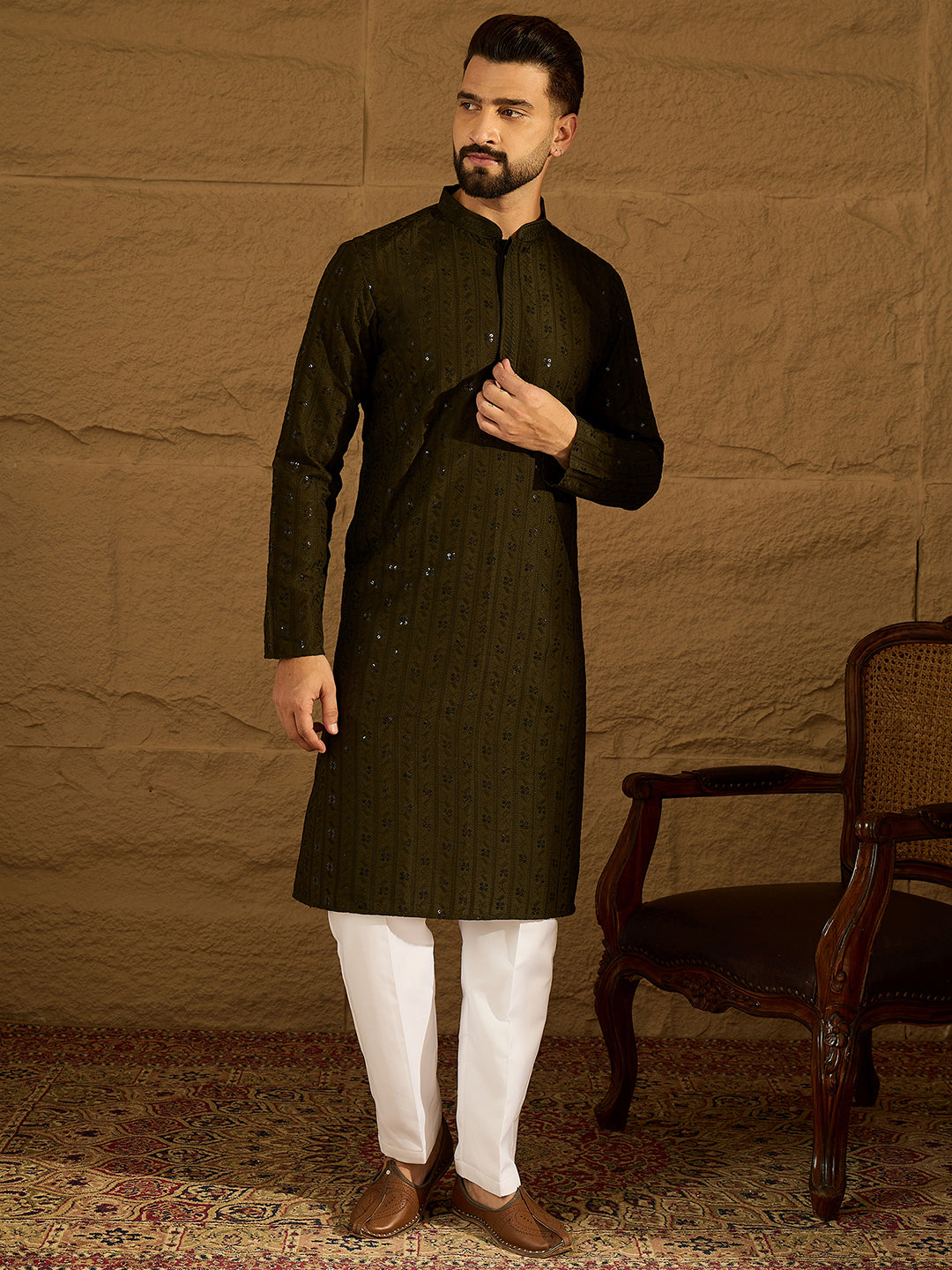 Ethnic Bay Men Olive Viscose Rayon Solid Embroidered Straight Kurta with Trouser-MKSET1553