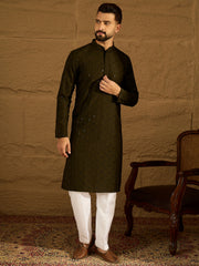 Ethnic Bay Men Olive Viscose Rayon Solid Embroidered Straight Kurta with Trouser-MKSET1553