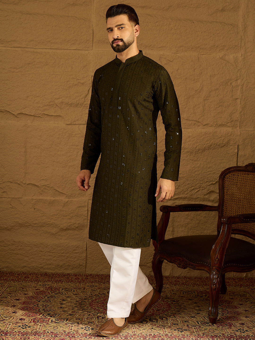 Ethnic Bay Men Olive Viscose Rayon Solid Embroidered Straight Kurta with Trouser-MKSET1553