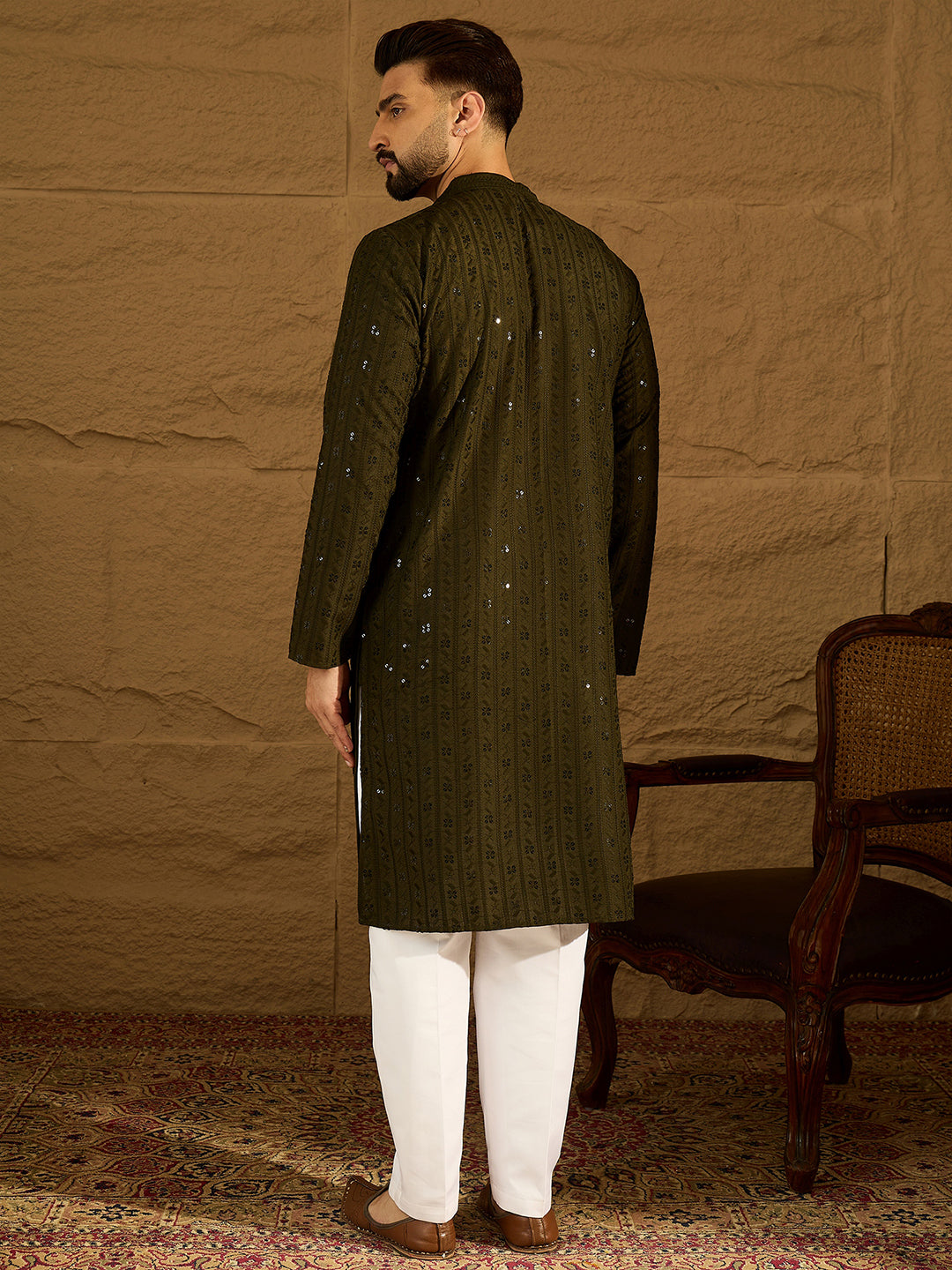 Ethnic Bay Men Olive Viscose Rayon Solid Embroidered Straight Kurta with Trouser-MKSET1553