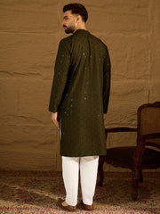 Ethnic Bay Men Olive Viscose Rayon Solid Embroidered Straight Kurta with Trouser-MKSET1553