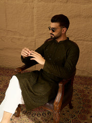 Ethnic Bay Men Olive Viscose Rayon Solid Embroidered Straight Kurta with Trouser-MKSET1553