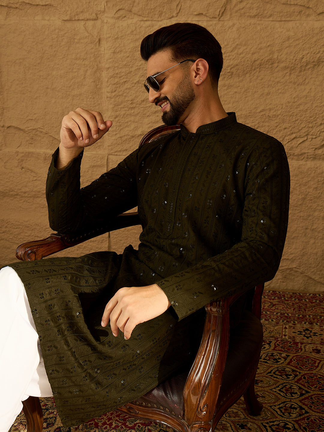 Ethnic Bay Men Olive Viscose Rayon Solid Embroidered Straight Kurta with Trouser-MKSET1553