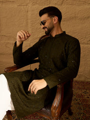 Ethnic Bay Men Olive Viscose Rayon Solid Embroidered Straight Kurta with Trouser-MKSET1553