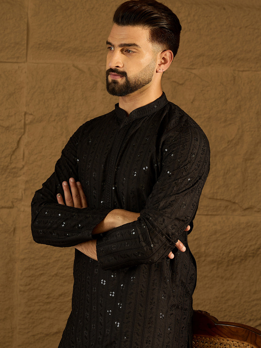 Ethnic Bay Men Black Viscose Rayon Solid Embroidered Straight Kurta with Trouser-MKSET1554