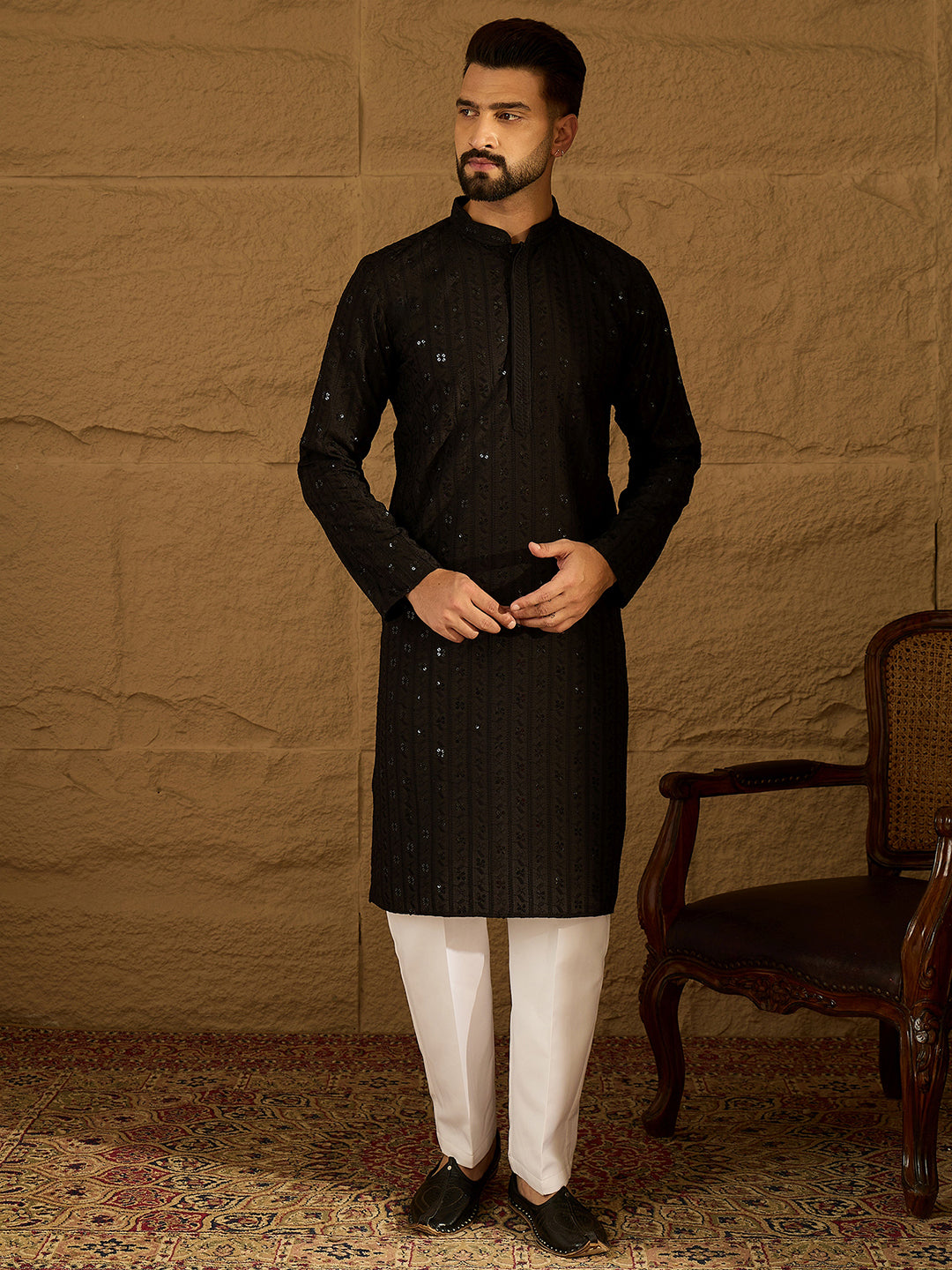 Ethnic Bay Men Black Viscose Rayon Solid Embroidered Straight Kurta with Trouser-MKSET1554