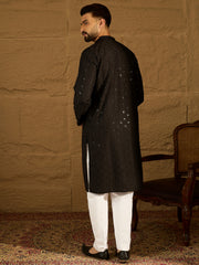 Ethnic Bay Men Black Viscose Rayon Solid Embroidered Straight Kurta with Trouser-MKSET1554