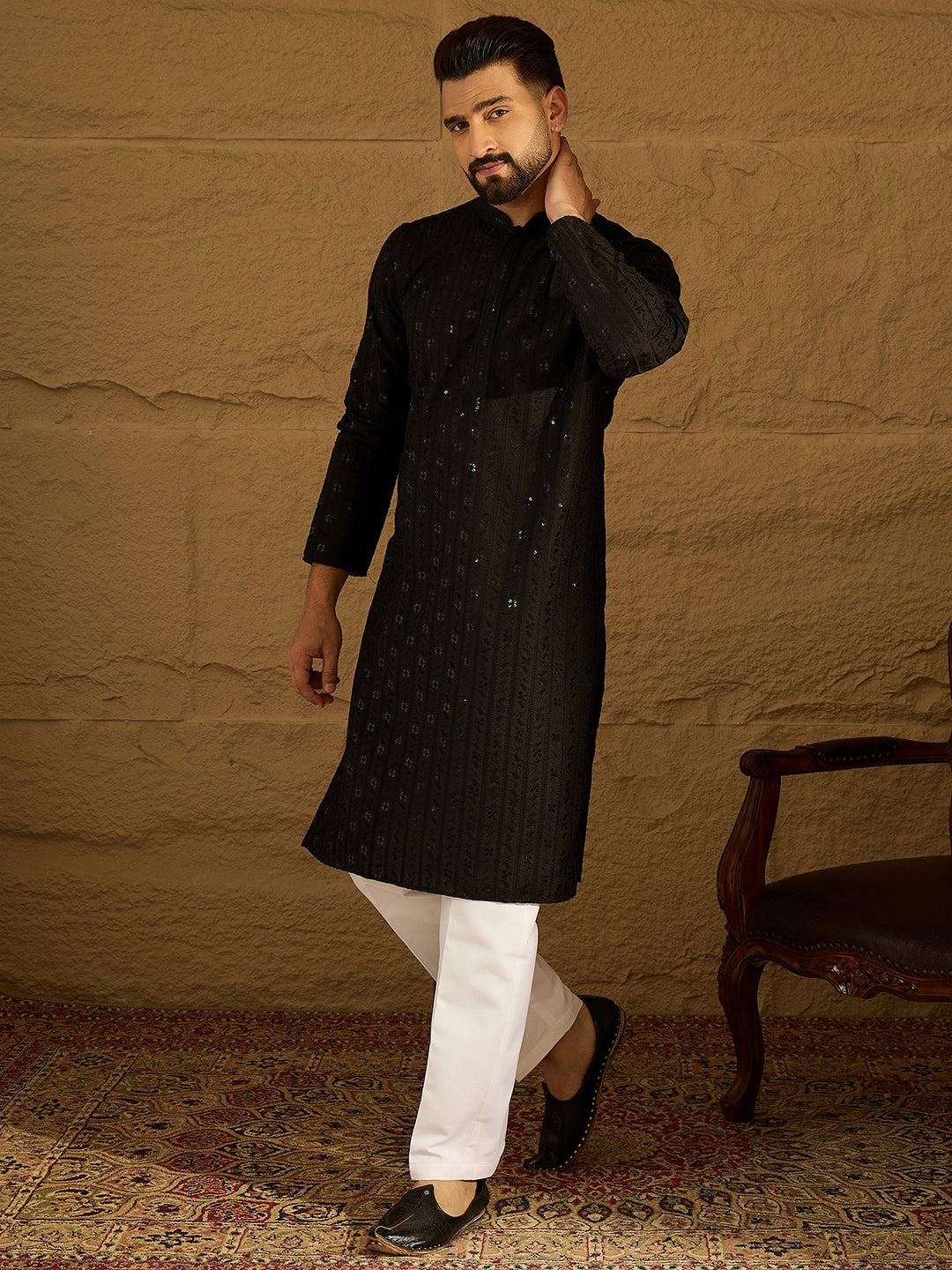 Ethnic Bay Men Black Viscose Rayon Solid Embroidered Straight Kurta with Trouser-MKSET1554