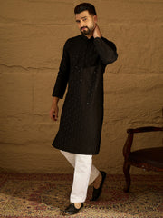 Ethnic Bay Men Black Viscose Rayon Solid Embroidered Straight Kurta with Trouser-MKSET1554