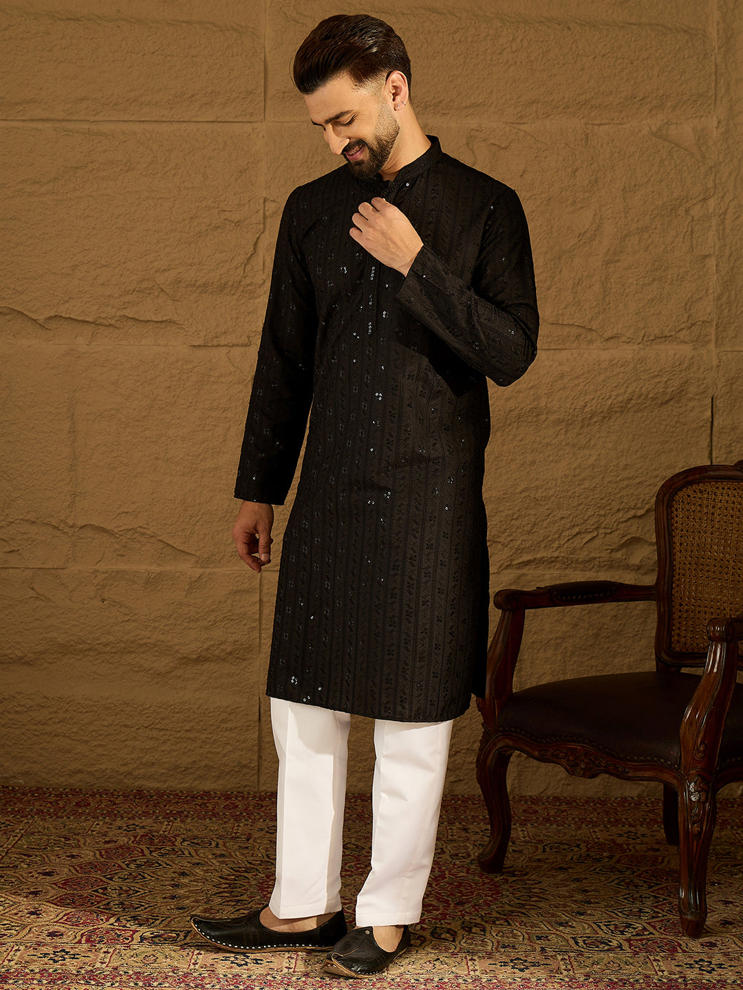 Ethnic Bay Men Black Viscose Rayon Solid Embroidered Straight Kurta with Trouser-MKSET1554