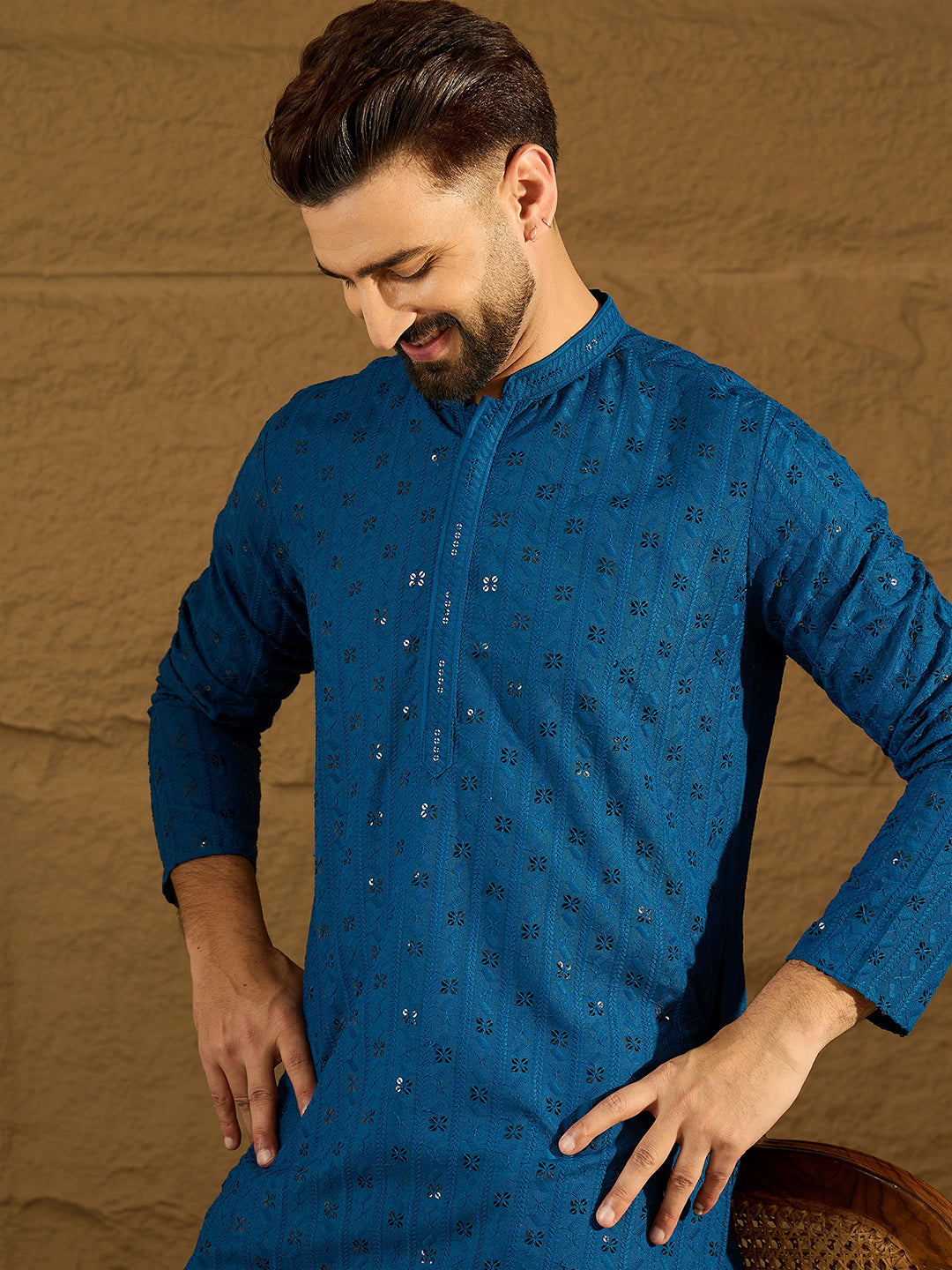 Ethnic Bay Men Blue Viscose Rayon Solid Embroidered Straight Kurta with Trouser-MKSET1555