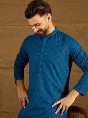 Ethnic Bay Men Blue Viscose Rayon Solid Embroidered Straight Kurta with Trouser-MKSET1555