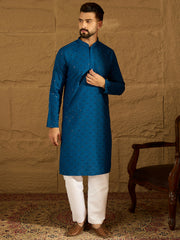 Ethnic Bay Men Blue Viscose Rayon Solid Embroidered Straight Kurta with Trouser-MKSET1555
