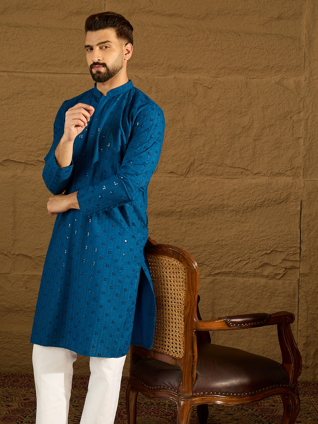 Ethnic Bay Men Blue Viscose Rayon Solid Embroidered Straight Kurta with Trouser-MKSET1555