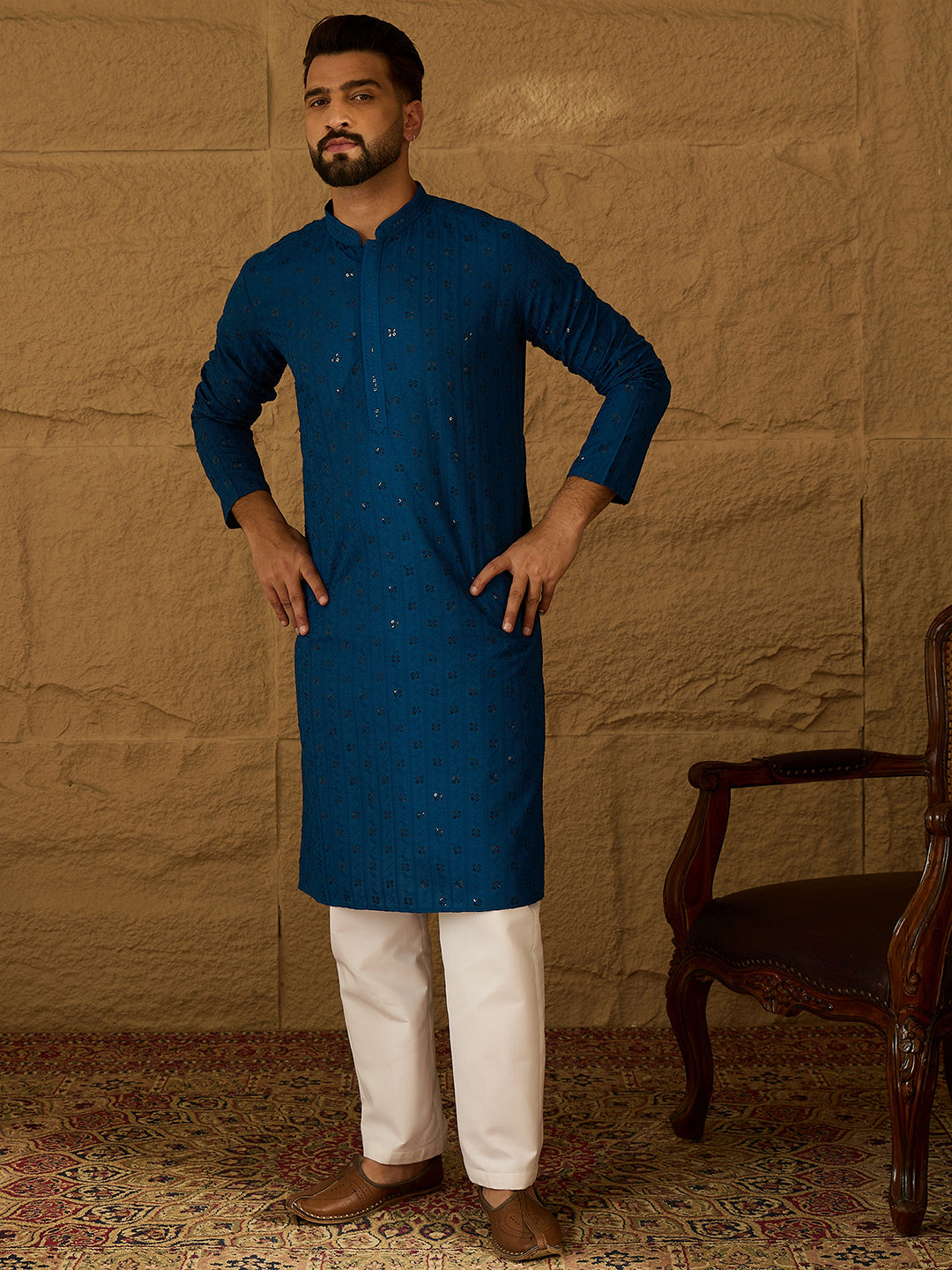 Ethnic Bay Men Blue Viscose Rayon Solid Embroidered Straight Kurta with Trouser-MKSET1555