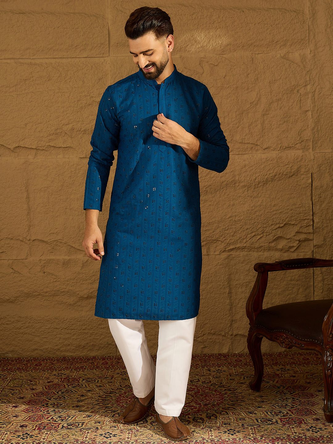 Ethnic Bay Men Blue Viscose Rayon Solid Embroidered Straight Kurta with Trouser-MKSET1555