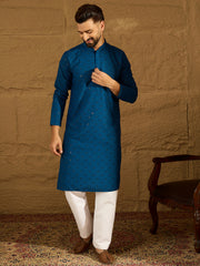 Ethnic Bay Men Blue Viscose Rayon Solid Embroidered Straight Kurta with Trouser-MKSET1555