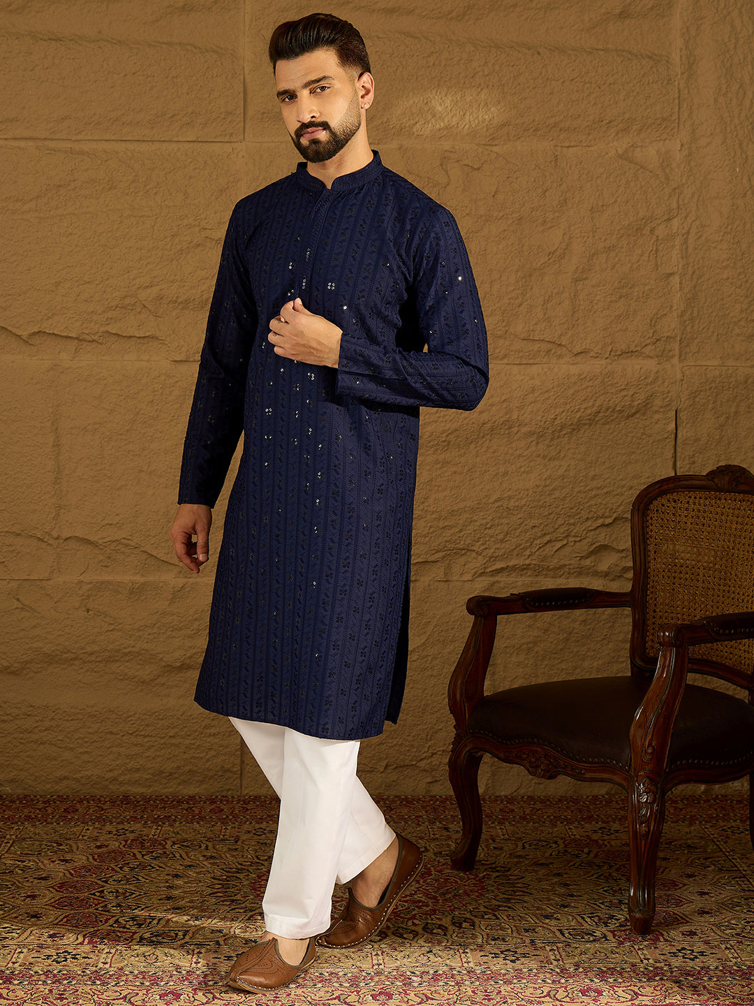 Ethnic Bay Men Navy Blue Viscose Rayon Solid Embroidered Straight Kurta with Trouser-MKSET1556
