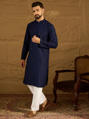 Ethnic Bay Men Navy Blue Viscose Rayon Solid Embroidered Straight Kurta with Trouser-MKSET1556