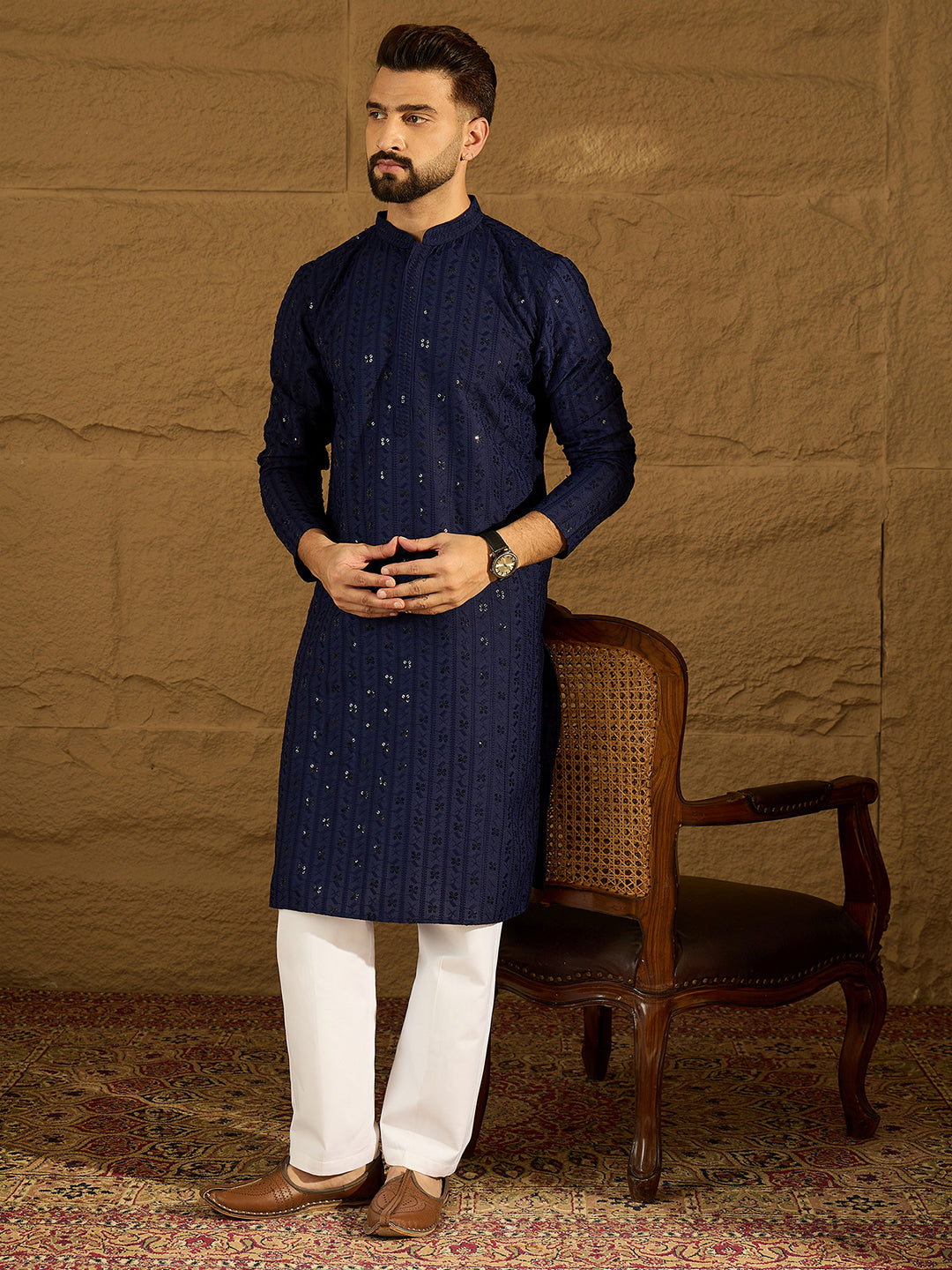 Ethnic Bay Men Navy Blue Viscose Rayon Solid Embroidered Straight Kurta with Trouser-MKSET1556