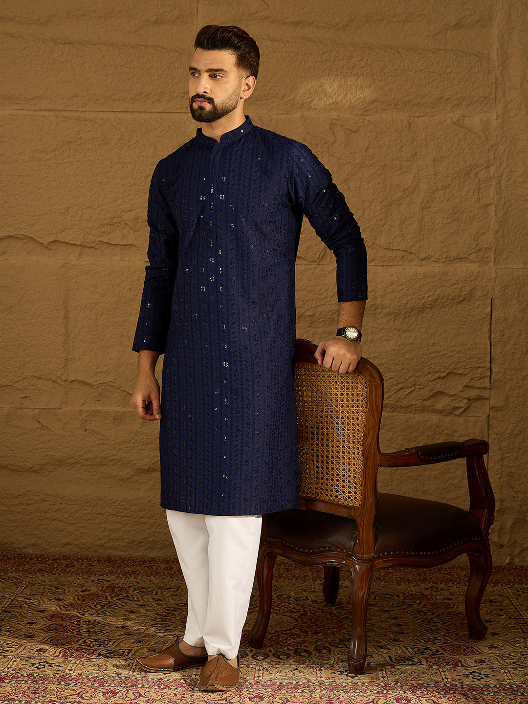 Ethnic Bay Men Navy Blue Viscose Rayon Solid Embroidered Straight Kurta with Trouser-MKSET1556
