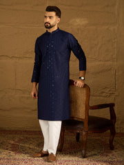 Ethnic Bay Men Navy Blue Viscose Rayon Solid Embroidered Straight Kurta with Trouser-MKSET1556