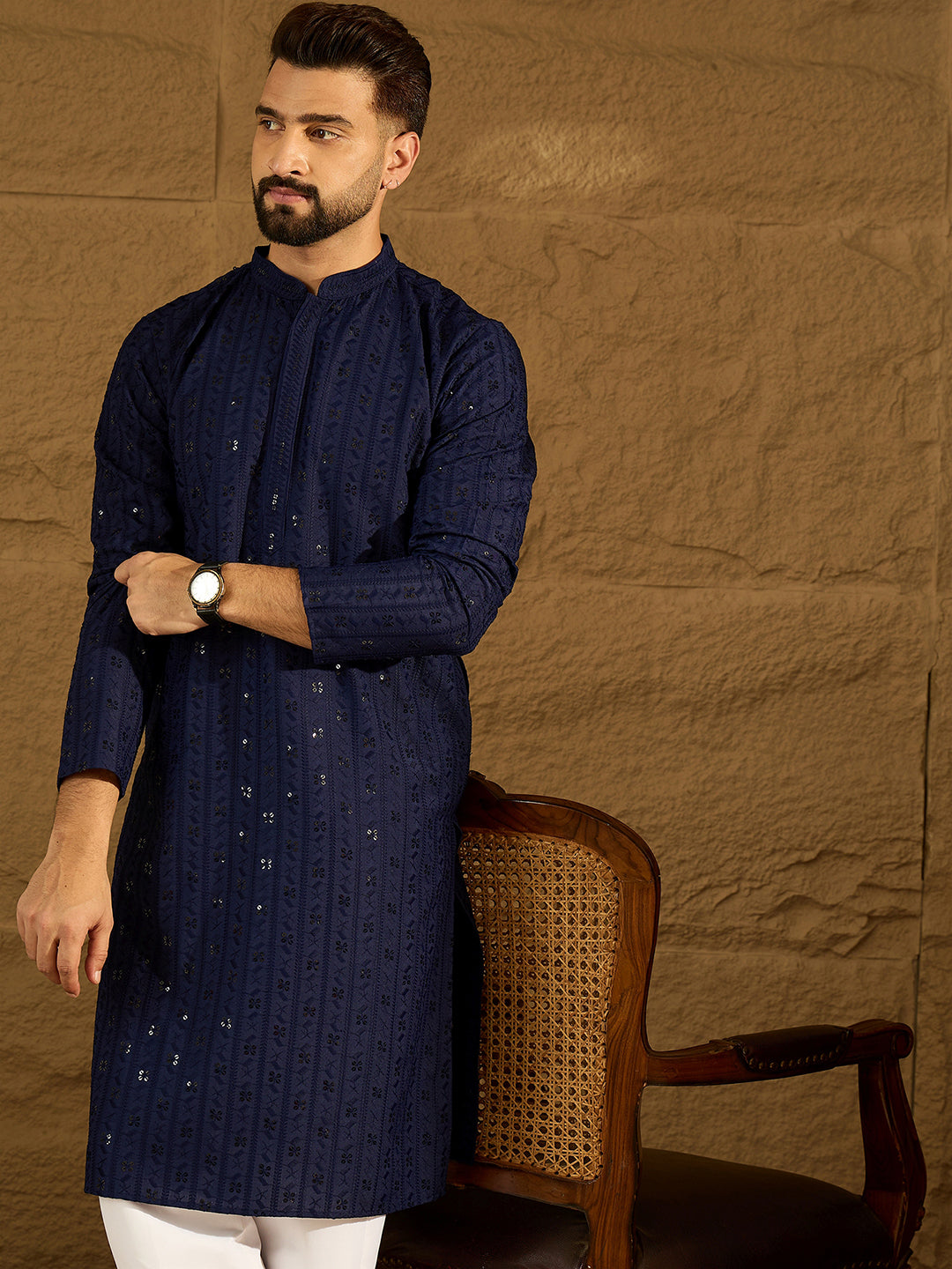 Ethnic Bay Men Navy Blue Viscose Rayon Solid Embroidered Straight Kurta with Trouser-MKSET1556