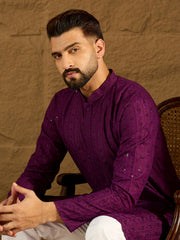 Ethnic Bay Men Purple Viscose Rayon Solid Embroidered Straight Kurta with Trouser-MKSET1557
