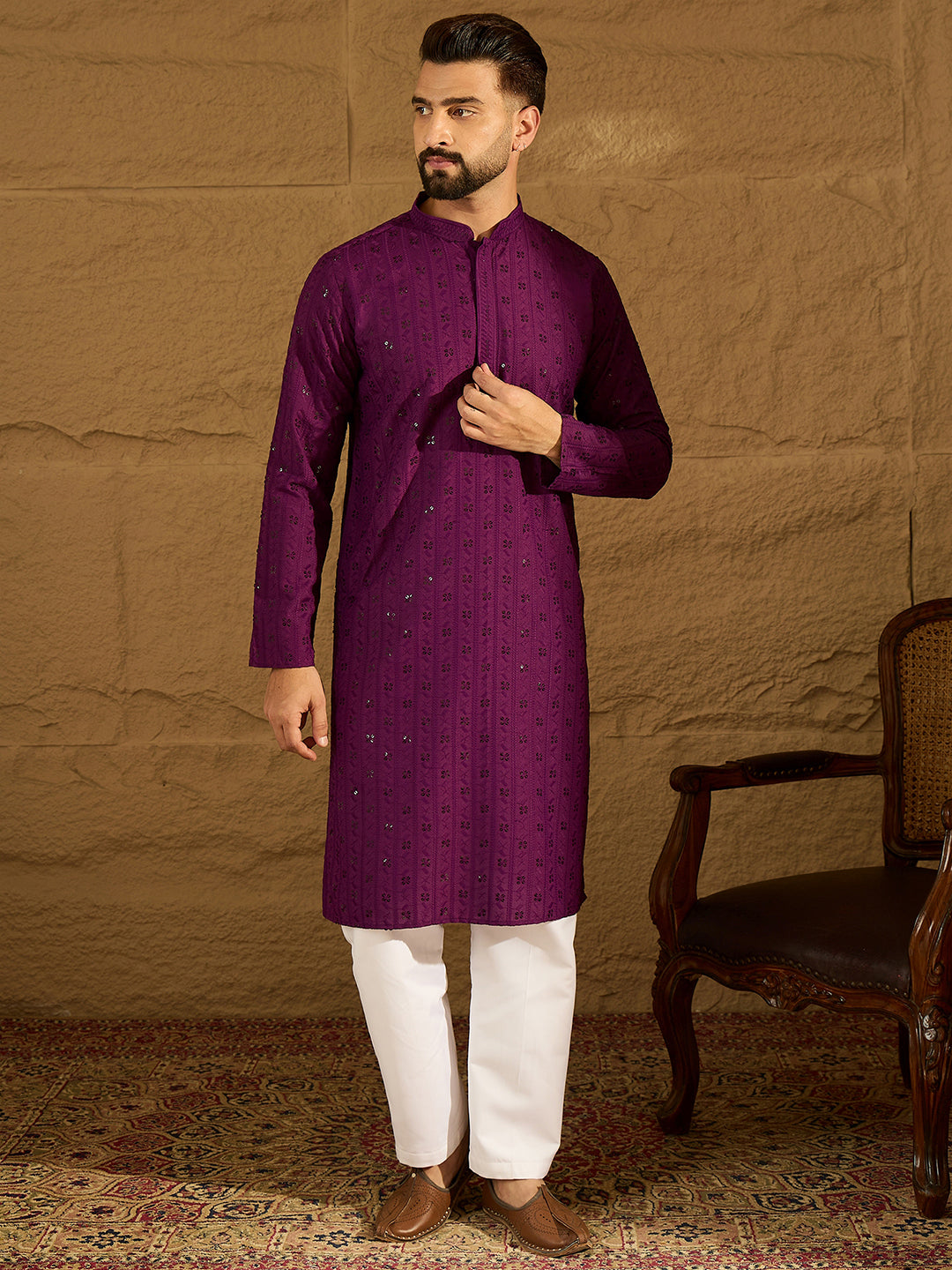 Ethnic Bay Men Purple Viscose Rayon Solid Embroidered Straight Kurta with Trouser-MKSET1557