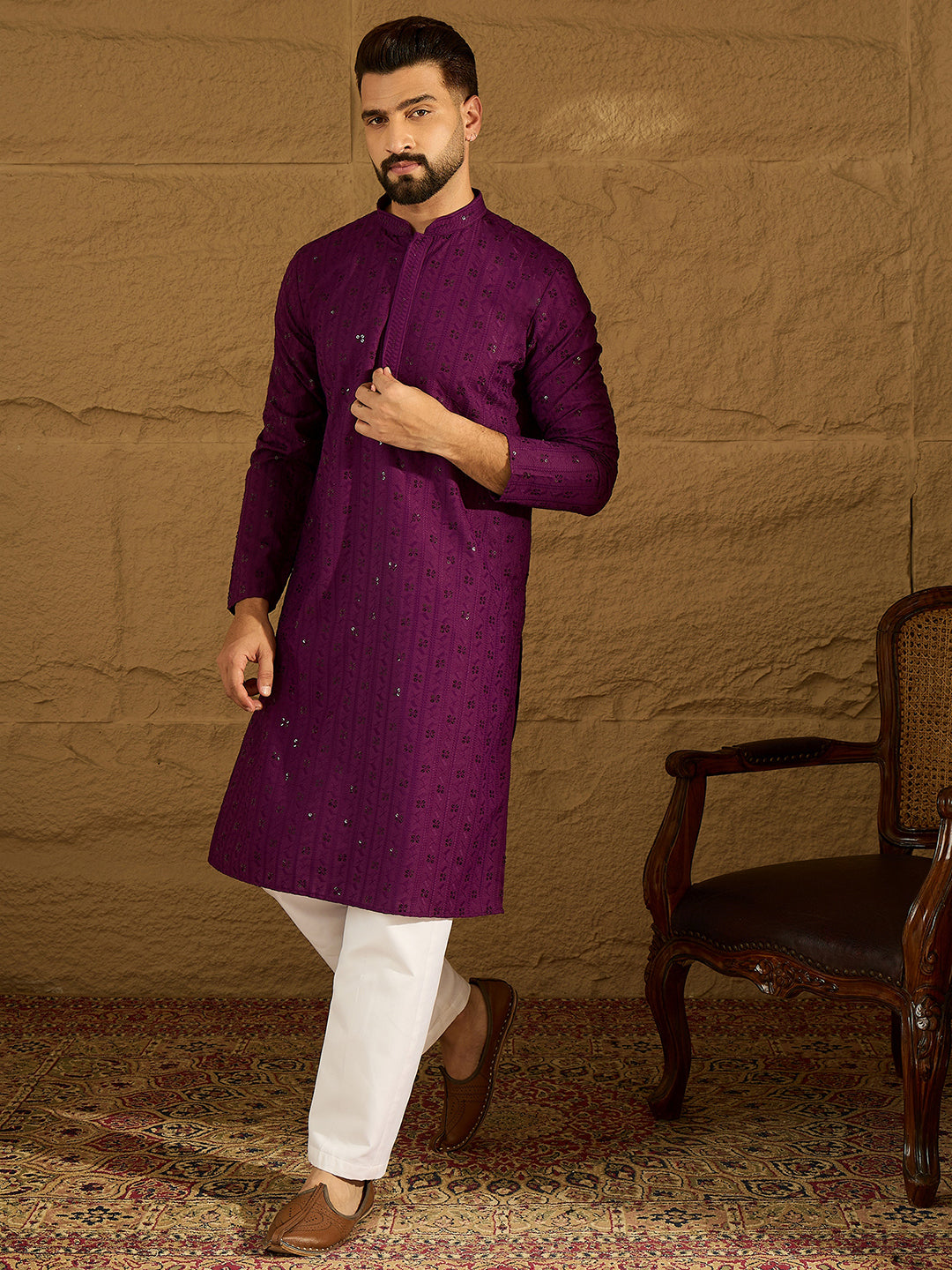 Ethnic Bay Men Purple Viscose Rayon Solid Embroidered Straight Kurta with Trouser-MKSET1557