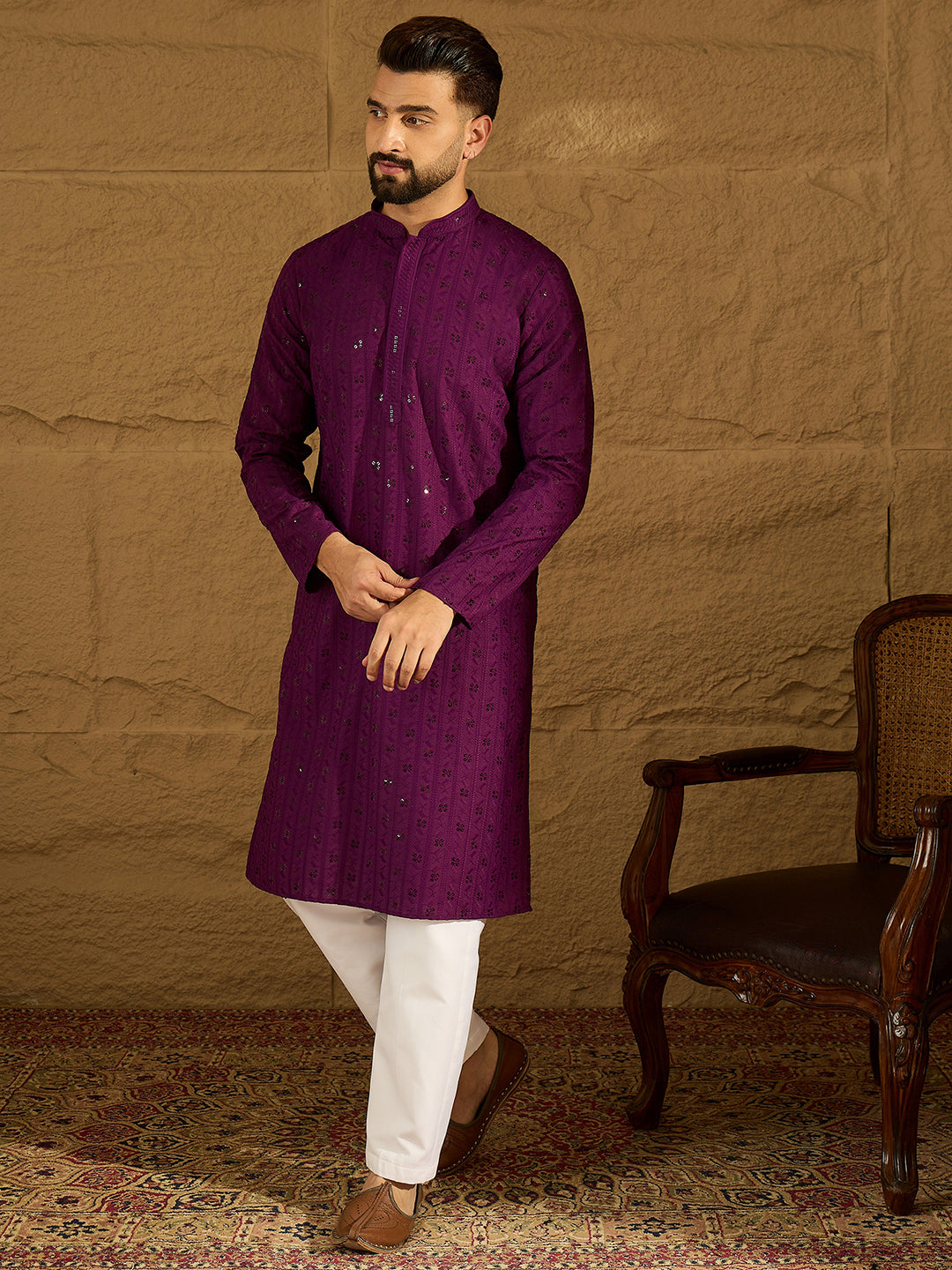 Ethnic Bay Men Purple Viscose Rayon Solid Embroidered Straight Kurta with Trouser-MKSET1557