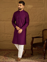 Ethnic Bay Men Purple Viscose Rayon Solid Embroidered Straight Kurta with Trouser-MKSET1557