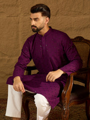 Ethnic Bay Men Purple Viscose Rayon Solid Embroidered Straight Kurta with Trouser-MKSET1557