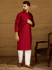 Ethnic Bay Men Maroon Viscose Rayon Solid Embroidered Straight Kurta with Trouser-MKSET1558