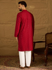 Ethnic Bay Men Maroon Viscose Rayon Solid Embroidered Straight Kurta with Trouser-MKSET1558