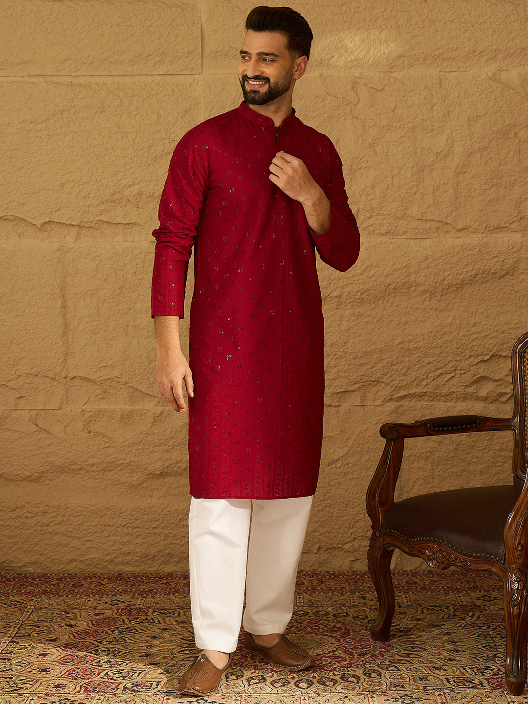 Ethnic Bay Men Maroon Viscose Rayon Solid Embroidered Straight Kurta with Trouser-MKSET1558