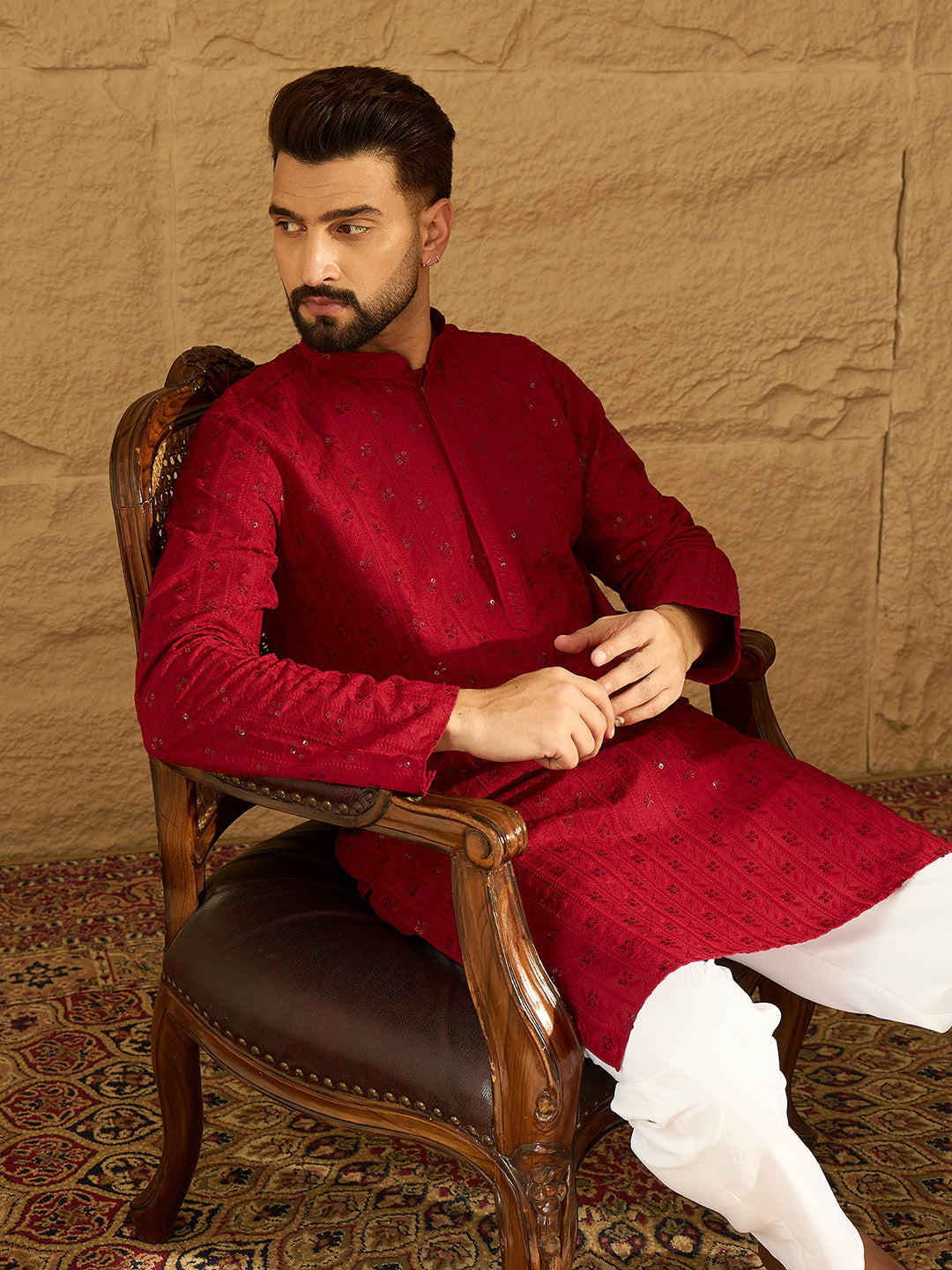 Ethnic Bay Men Maroon Viscose Rayon Solid Embroidered Straight Kurta with Trouser-MKSET1558