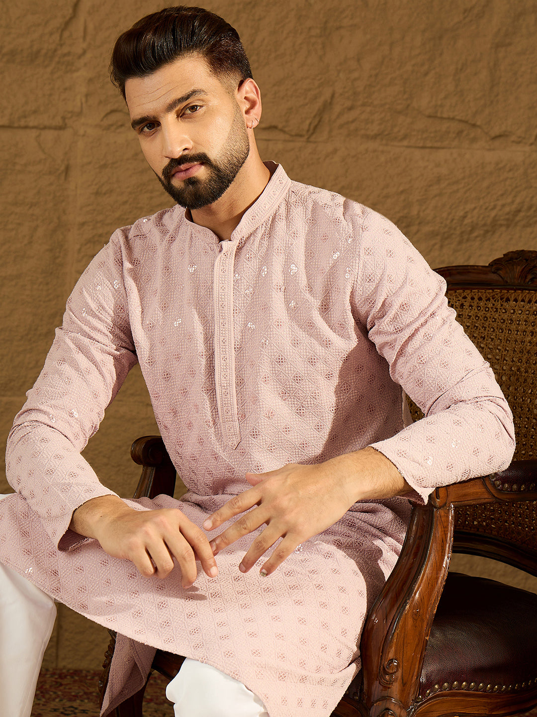 Ethnic Bay Men Purple Viscose Rayon Solid Embroidered Straight Kurta with Trouser-MKSET1583
