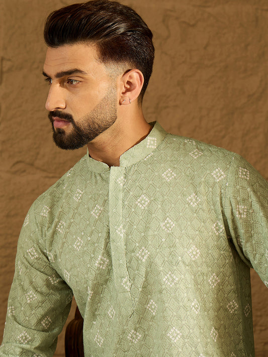 Men Green Viscose Rayon Bandhani Embroidered Straight Kurta with Trouser-MKSET1584 1080