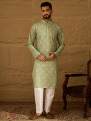 Ethnic Bay Men Green Viscose Rayon Bandhani Embroidered Straight Kurta with Trouser-MKSET1584