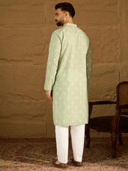 Ethnic Bay Men Green Viscose Rayon Bandhani Embroidered Straight Kurta with Trouser-MKSET1584
