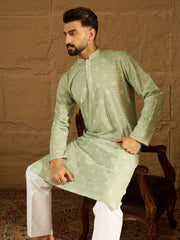 Ethnic Bay Men Green Viscose Rayon Bandhani Embroidered Straight Kurta with Trouser-MKSET1584