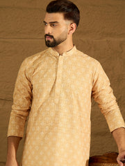 Ethnic Bay Men Yellow Viscose Rayon Bandhani Embroidered Straight Kurta with Trouser-MKSET1585