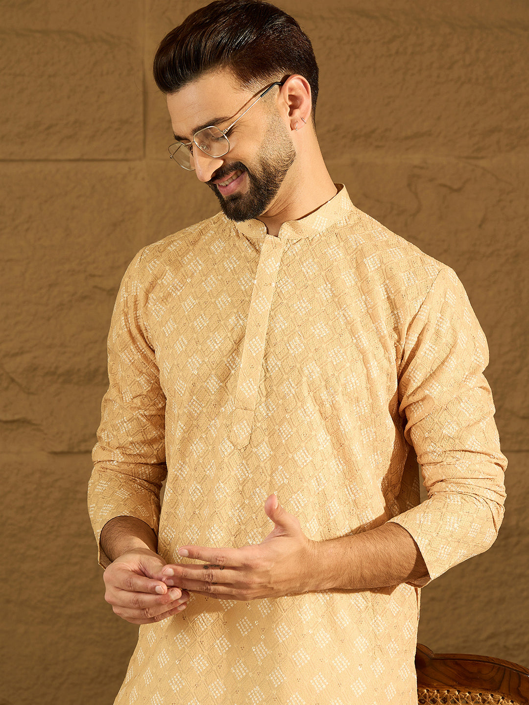 Ethnic Bay Men Yellow Viscose Rayon Bandhani Embroidered Straight Kurta with Trouser-MKSET1585