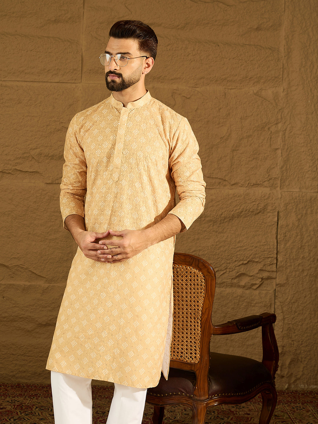 Ethnic Bay Men Yellow Viscose Rayon Bandhani Embroidered Straight Kurta with Trouser-MKSET1585